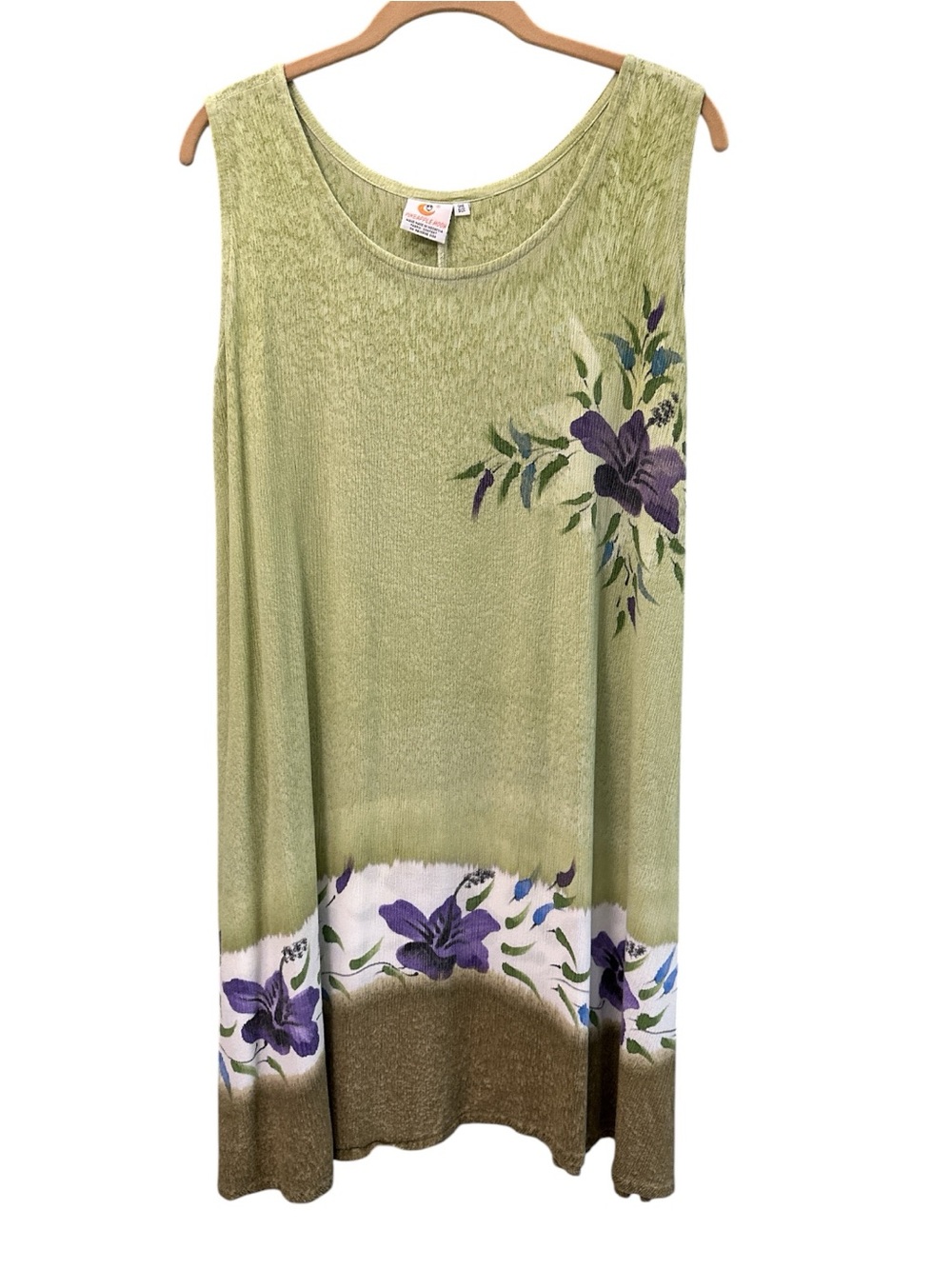 Pineapple Moon Sleeveless Olive Green Midi Dress w/ Purple Floral Trim One Size